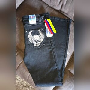 NWT! Black Bootcut Denim Jeans w/Skull Embellishments (H&Y, Sz. 1/2)